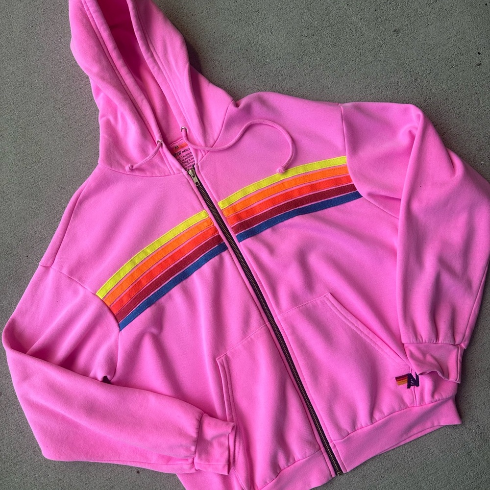 Aviator National 5 Stripe Zip Hoodie in Neon Pink, Yellow, & Purple Sz Medium